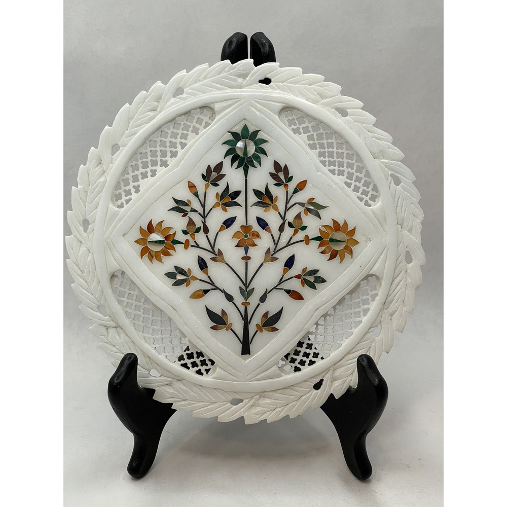 White Marble Inlaid Plate, Pietra Dura Marble Trivet Indian  Bohemian Decor